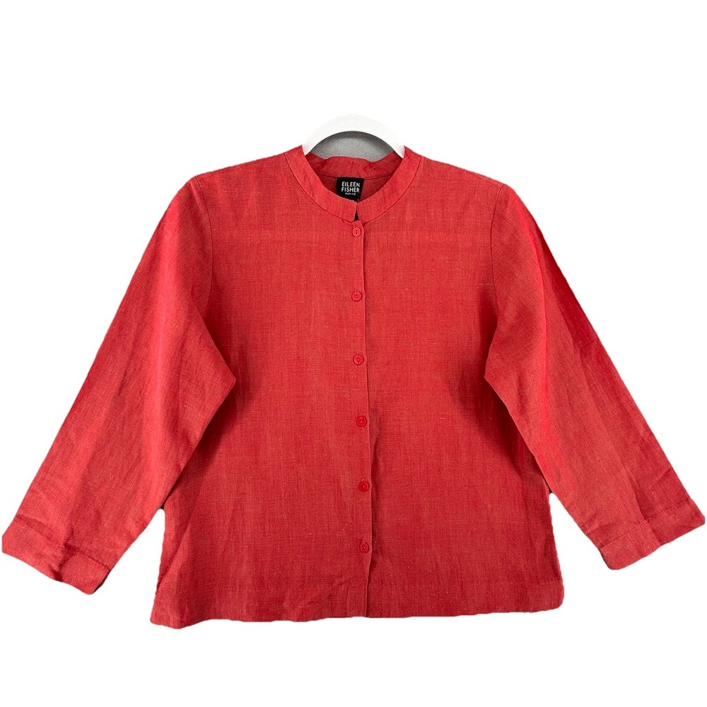 Eileen Fisher Coral-Red Linen Mandarin Button Front Shirt